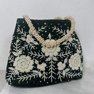 Handcrafted Green Velvet Potli Bag Gold Floral Embroidery & Pearl Beaded Handle